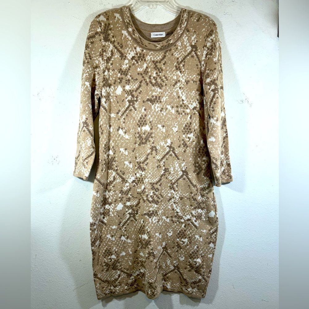 Calvin Klein ladies sweater Dress large brown cream animal print knit modest